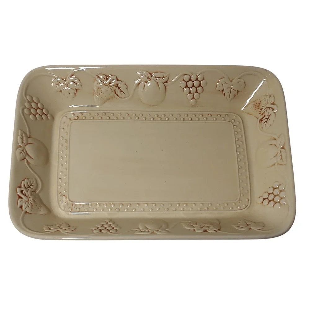 Vintage Platter Ceramic Embossed Grapes Leaves Strawberries 13 x 9 in Beige Fall